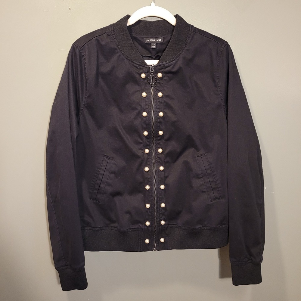 Bomber Jacket‎ Faux Pearls Ruched Back Streetwear, Women's Size 14 16, Black